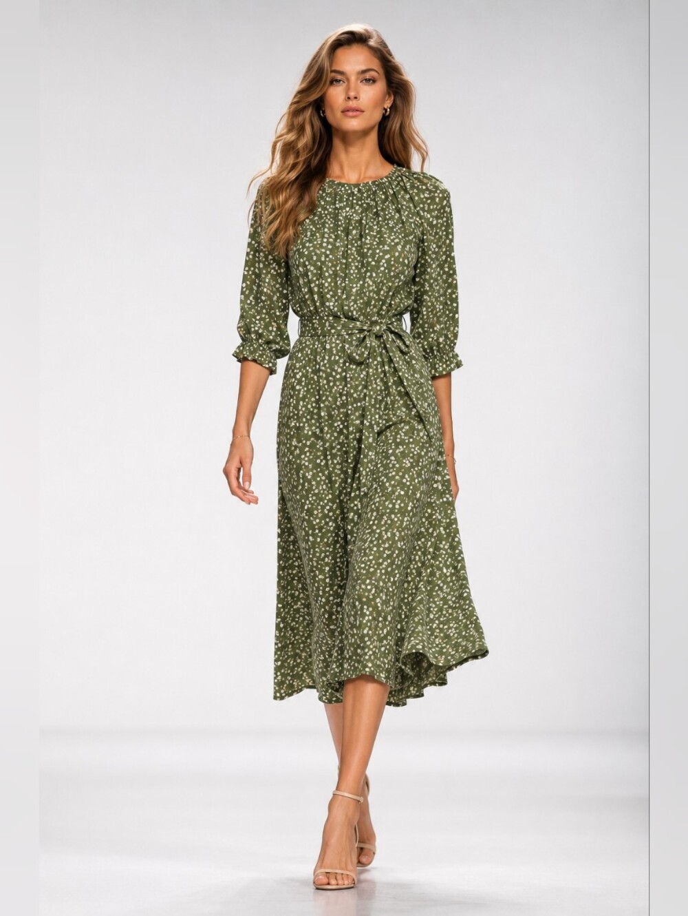 ROOLEE Green Floral Midi Dress, Long Sleeve, Tie Waist, Cottagecore, Medium